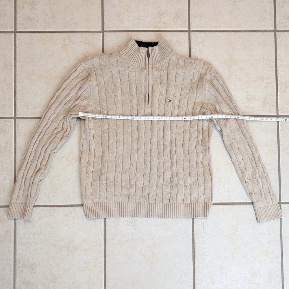Size L Tommy Hilfiger 100% Cotton Y2K Vintage Cream Chunky Knit Quarter Zip - Picture 7 of 15